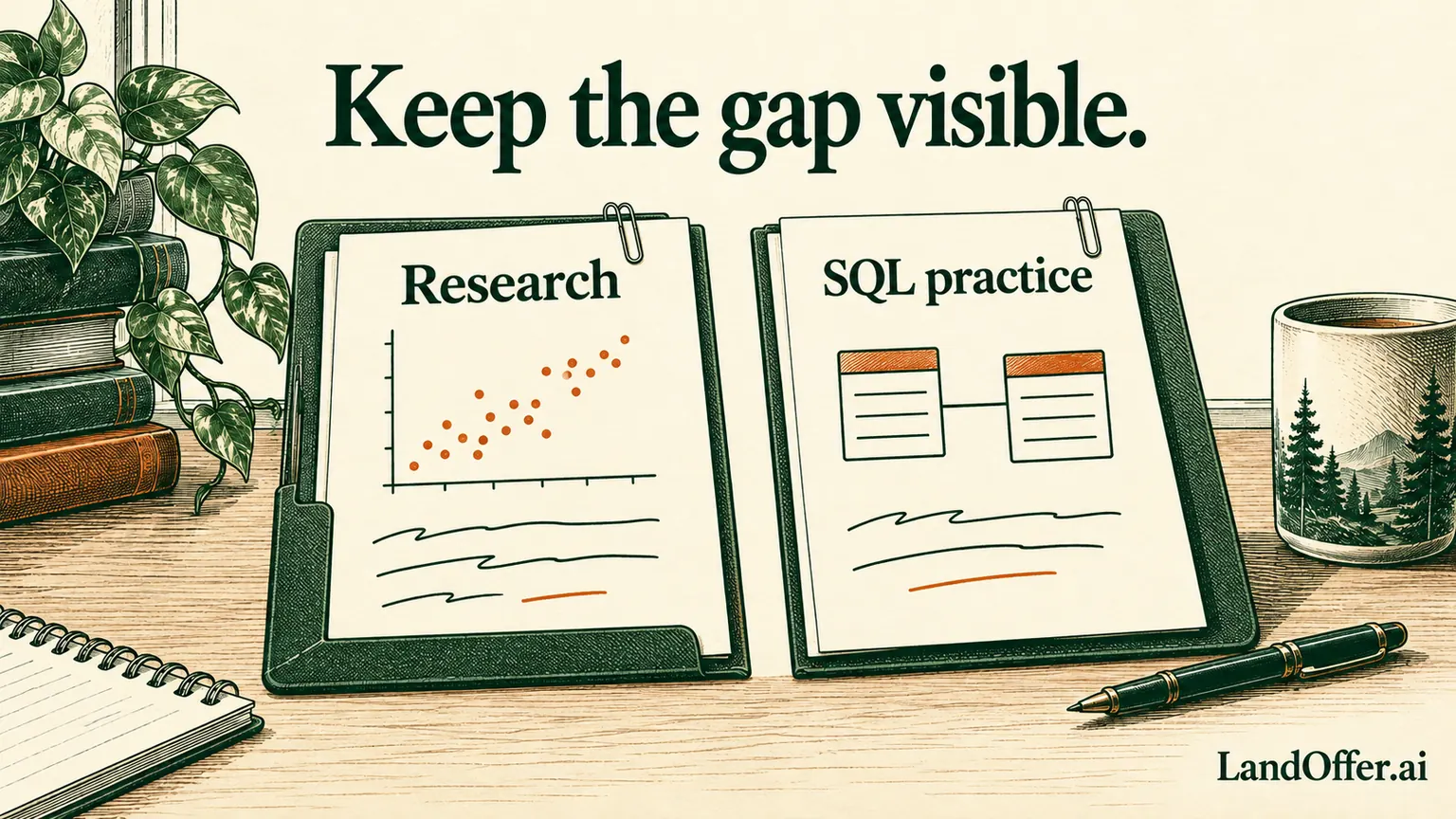 A research folder and a separate SQL practice sheet remain visibly distinct, illustrating that new skill evidence must not be inserted into earlier research history.