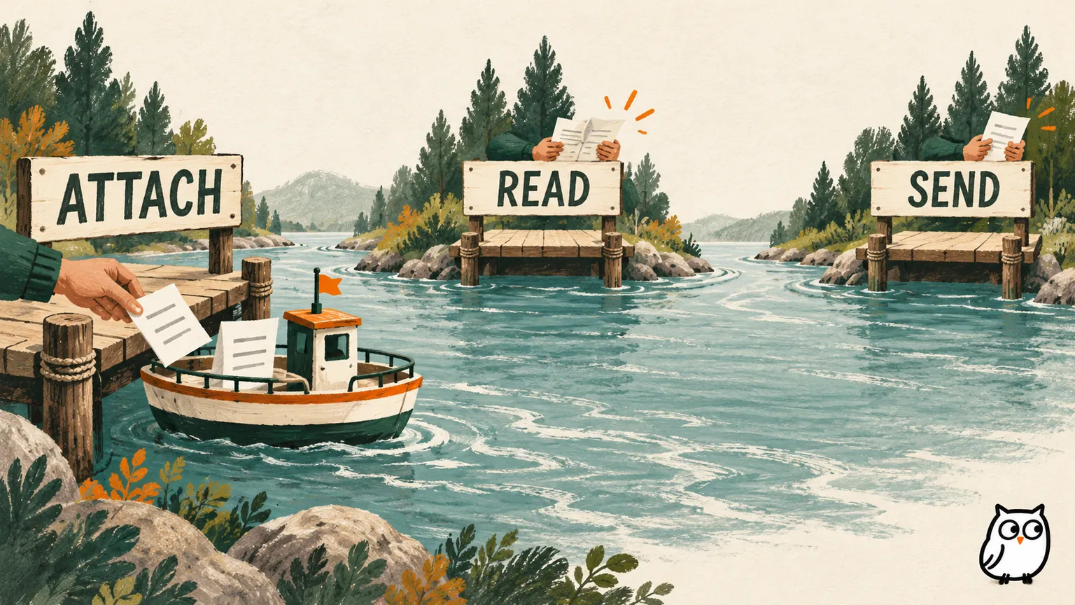 A document ferry stops at separate attachment, reading and submission landing stages rather than treating them as one crossing