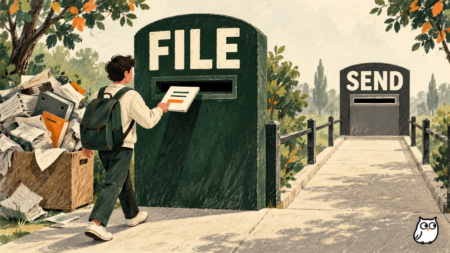 An oversized document crate is replaced with a compact readable file at an attachment gate while the later submission gate stays separate