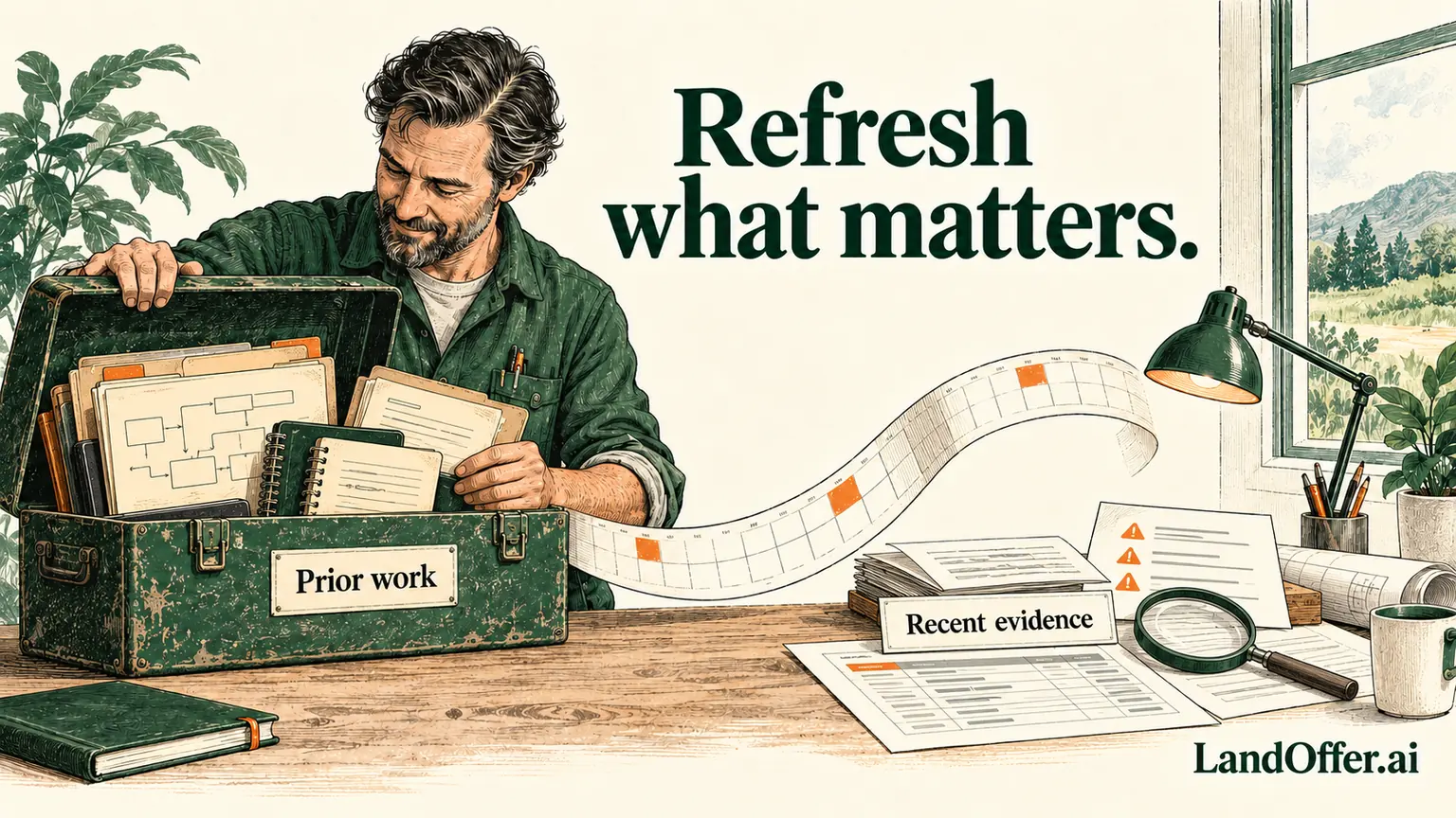 An experienced engineer's well-used toolbox sits beside a recent bench prototype and a calendar, illustrating a return built from prior scope and refreshed evidence.