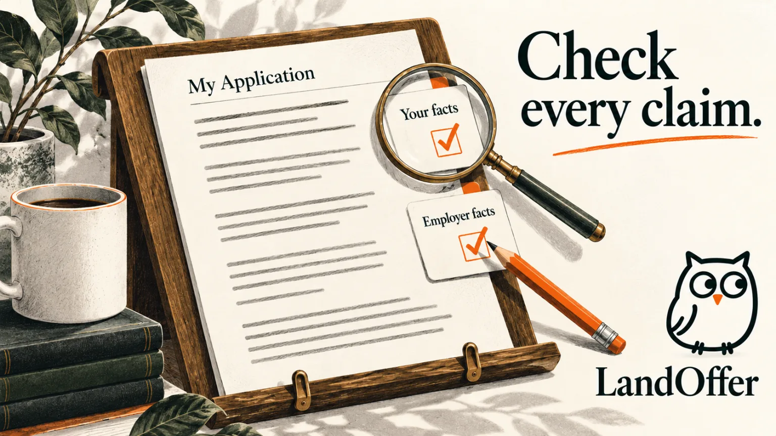 Editorial illustration of an application draft examined with a magnifier and separate checks for candidate and employer facts