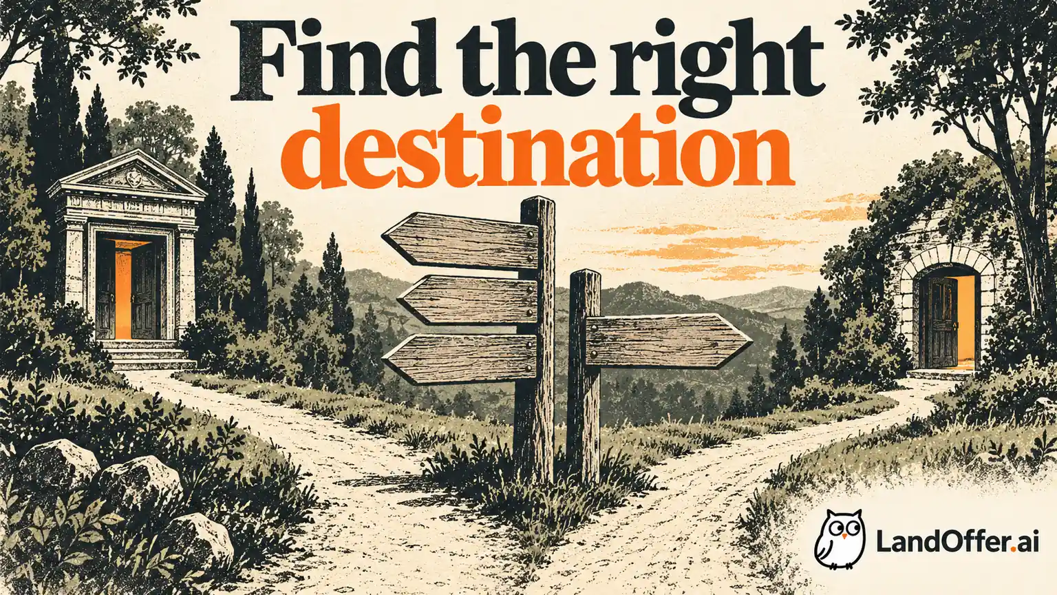 Several signposts converge on one employer doorway while a second distinct role has a separate path.
