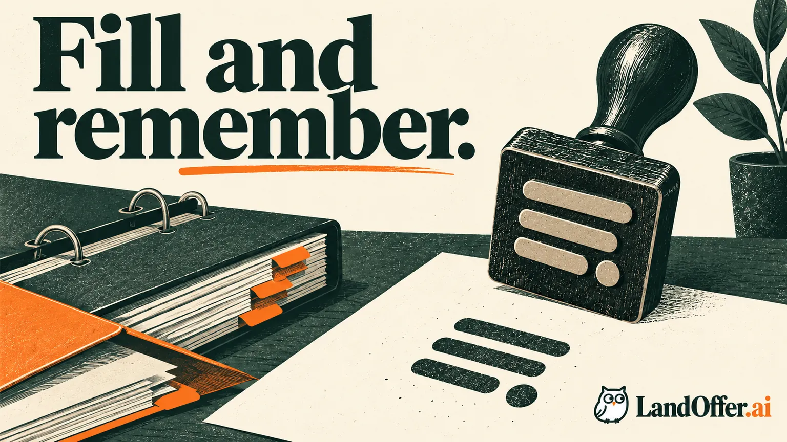 A profile stamp sits beside an indexed binder, representing repeated form entry and detailed role organization.