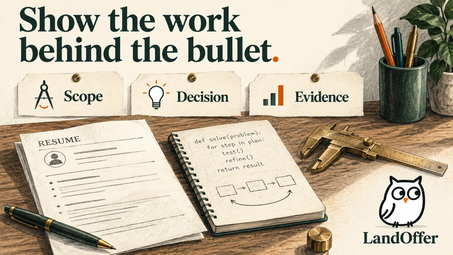 An engineering notebook, a resume and measuring tools connect scope, technical decisions and supporting evidence.