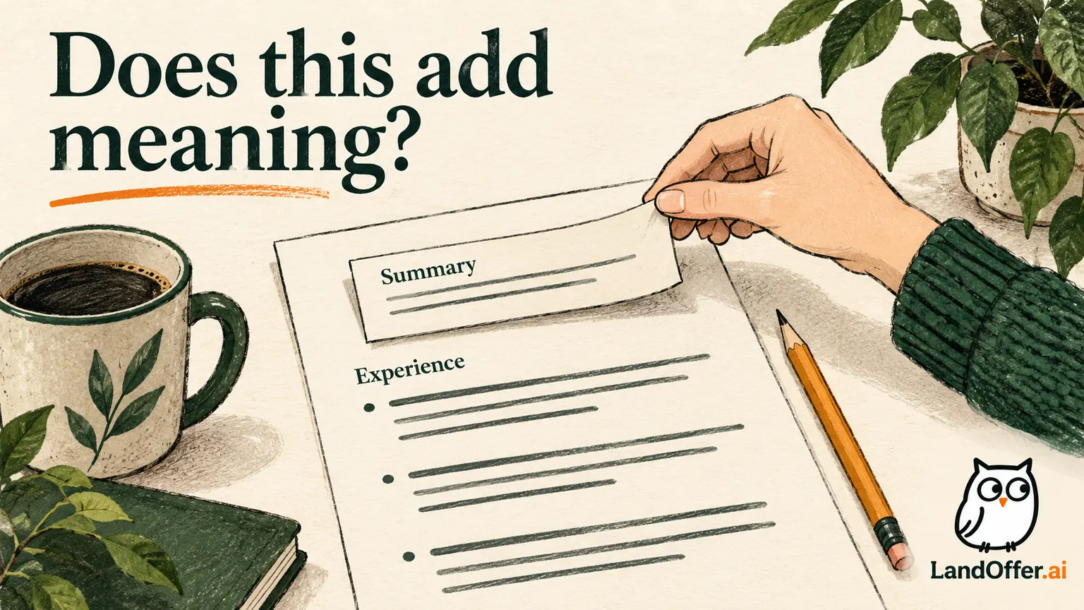 A resume has a removable summary bookmark beside a pencil, illustrating that the introduction should stay only when it adds useful information.