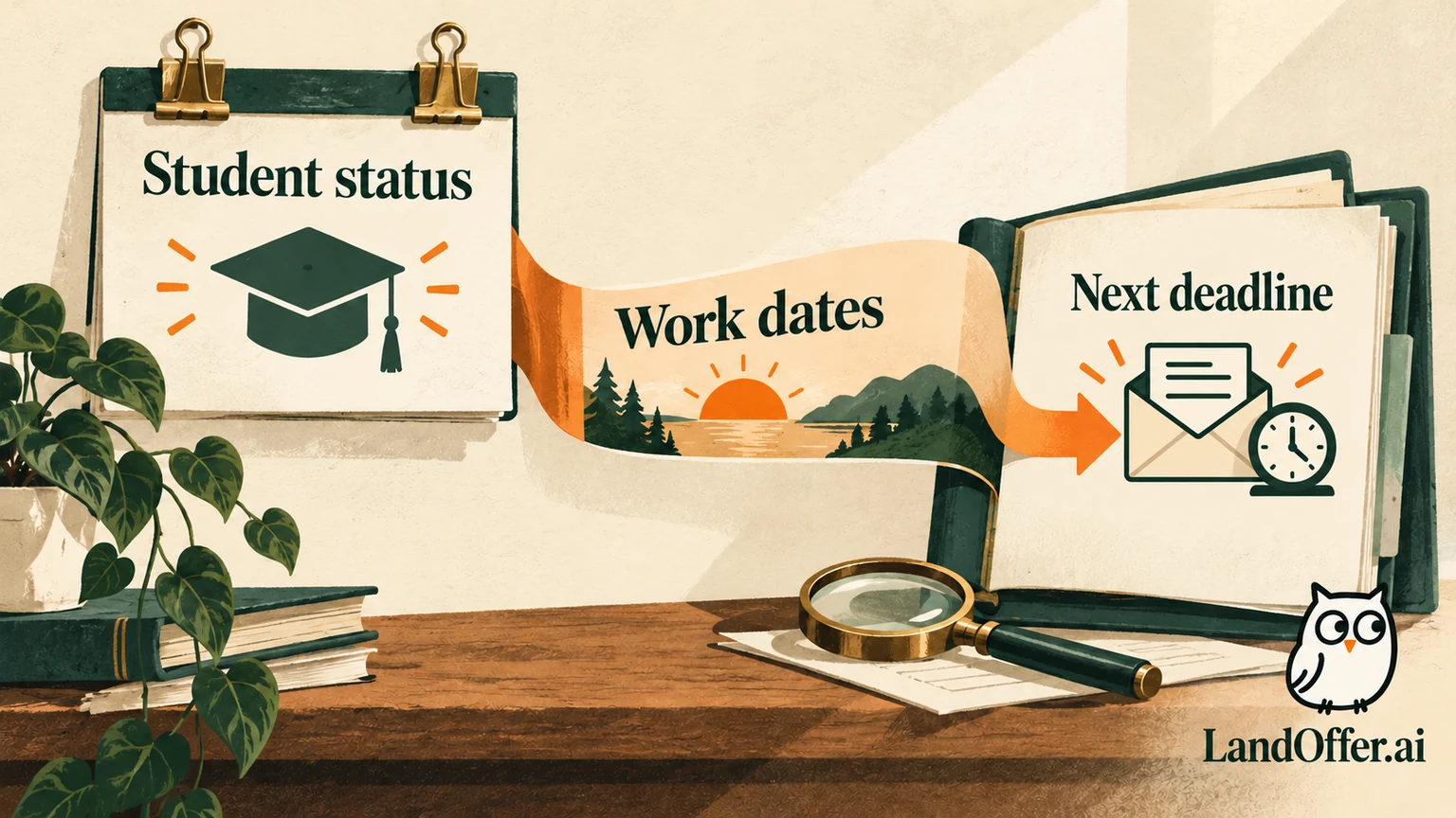 Editorial illustration of a student enrollment ribbon connecting an internship dossier to a calendar with separate deadlines