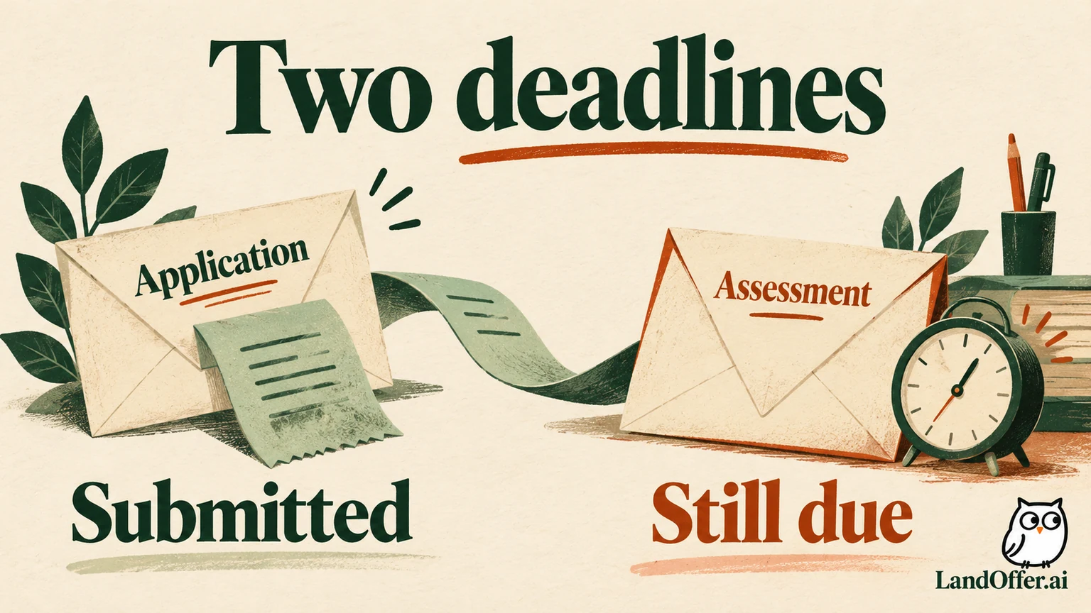 Illustration of separate application and assessment envelopes showing that submitting an application does not finish a later assessment task