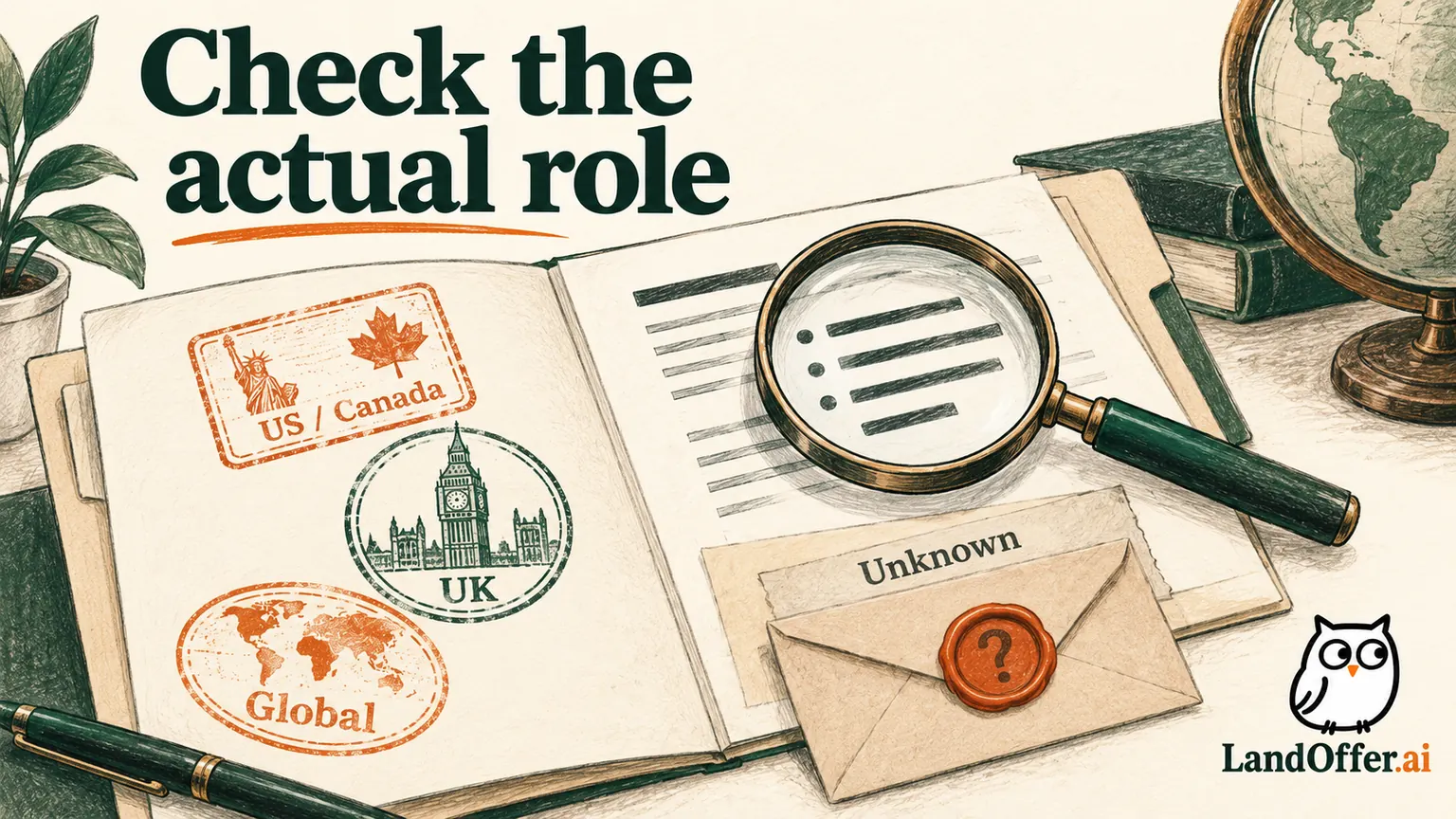 A company dossier carries separate US/Canada, UK and Global examples alongside a magnifying glass and an envelope for unresolved role questions.