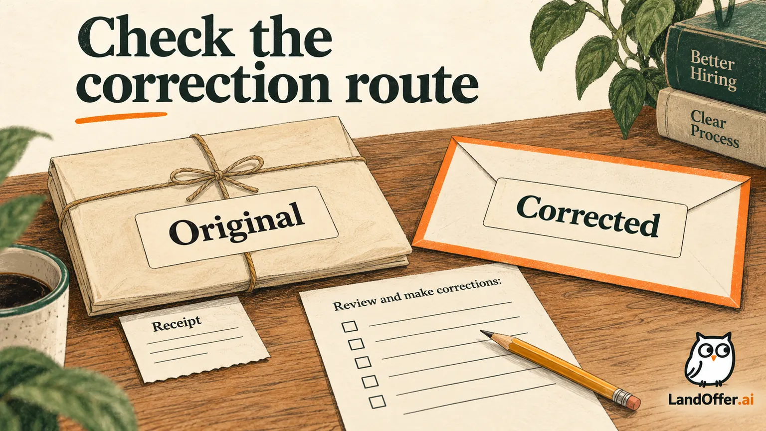 A sealed application parcel sits beside a separate corrected document envelope, showing why a new file must be associated with the existing record