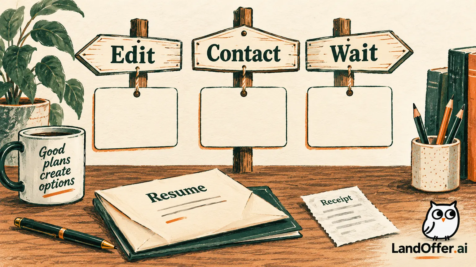 A wooden route board separates Edit, Contact and Wait, with the corrected file held apart from the original application receipt