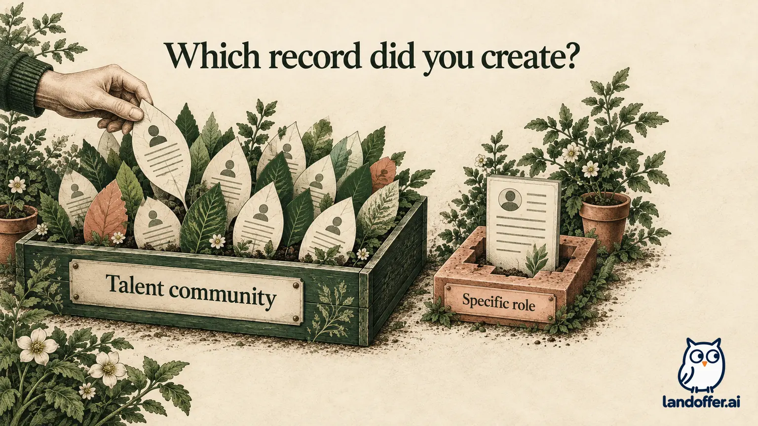 A paper seed tray labeled Talent community sits separately from a dossier labeled Specific role, illustrating two different recruiting records.