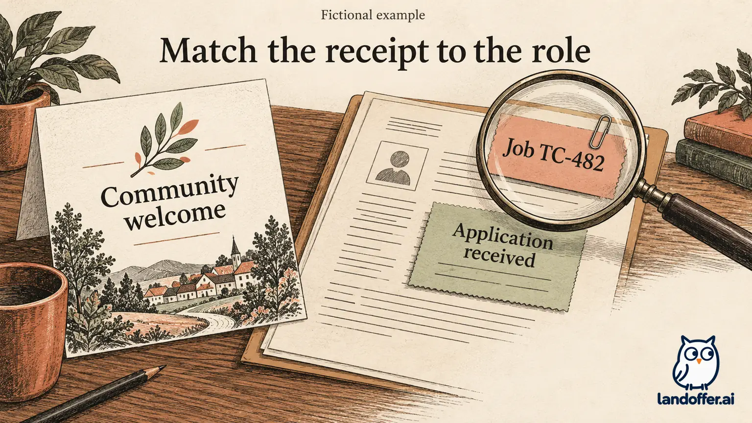A fictional community welcome is compared with a separate receipt naming Job TC-482 and Application received; the magnifying glass emphasizes the requisition match.