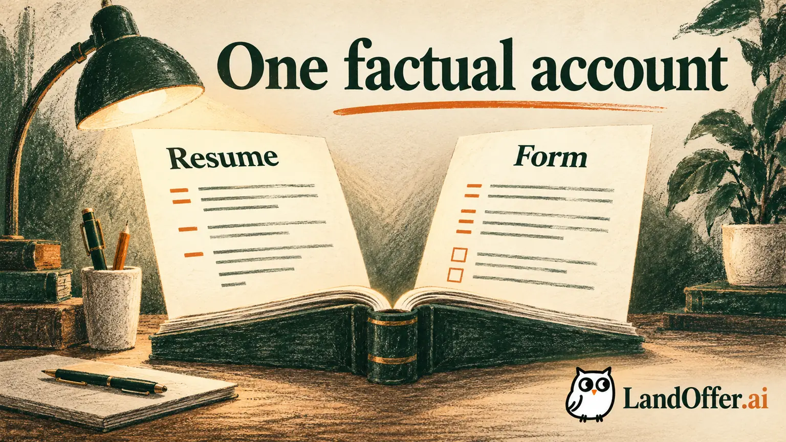 Editorial illustration of one factual ledger illuminating an English resume and an employer form through two paper windows
