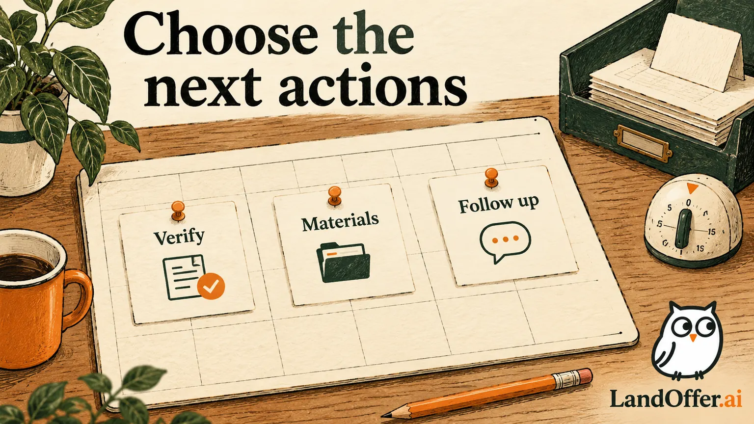 A weekly calendar holds Verify, Materials and Follow Up cards, with old papers set aside to make the selected next actions visible