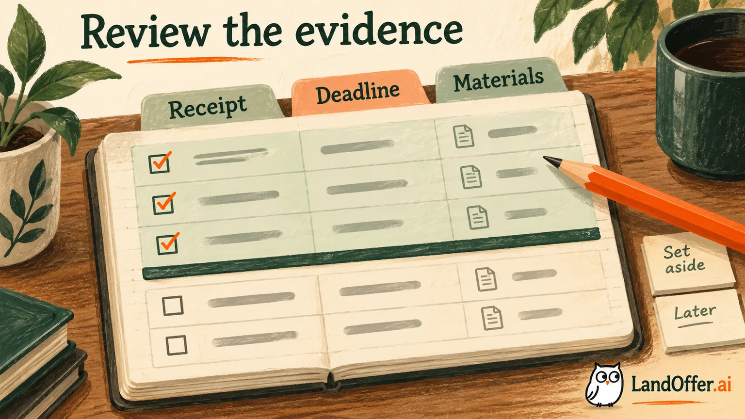 A ledger separates Receipt, Deadline and Materials, with a pencil marking the evidence that drives the next actions