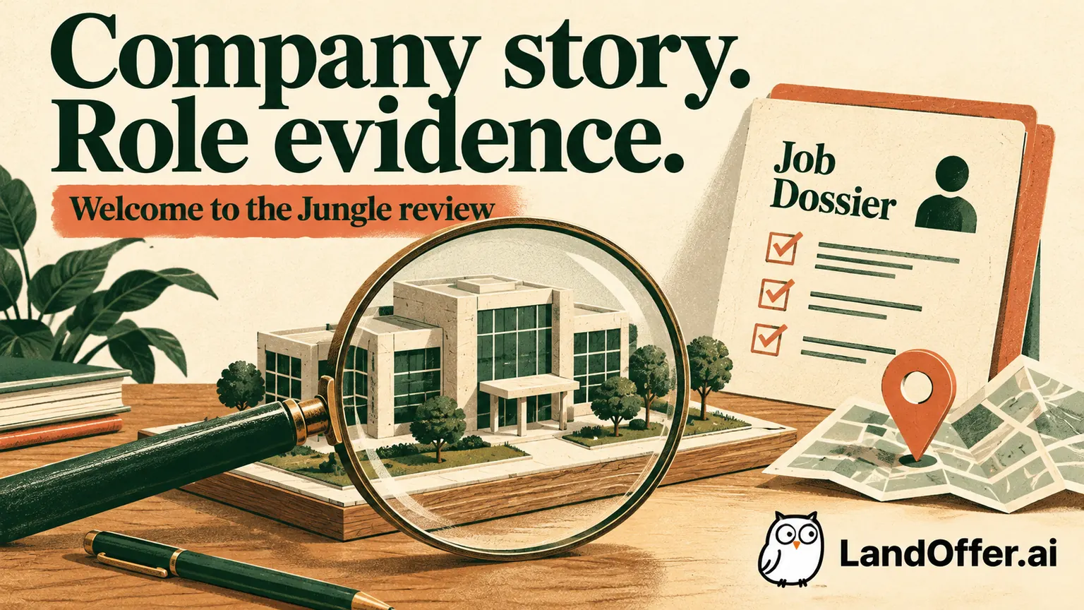 Editorial illustration of a company building seen through a reader's magnifying lens, with a separate job dossier and a map showing that company context and role eligibility answer different questions.