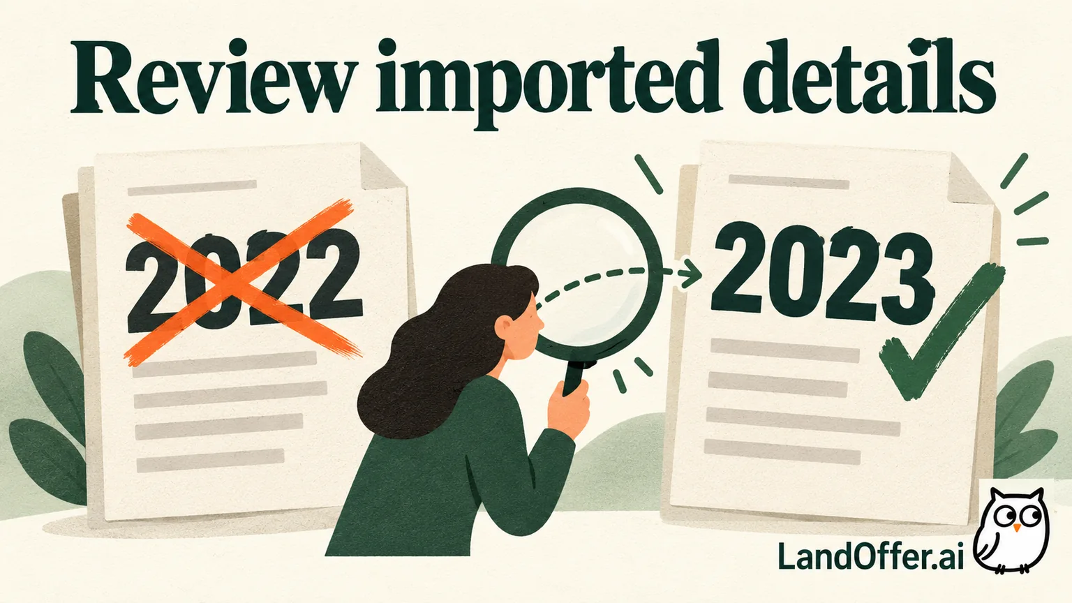 Editorial illustration of a candidate checking a fictional employment end-year correction from 2022 to 2023, with a large magnifier and clear before-and-after documents.